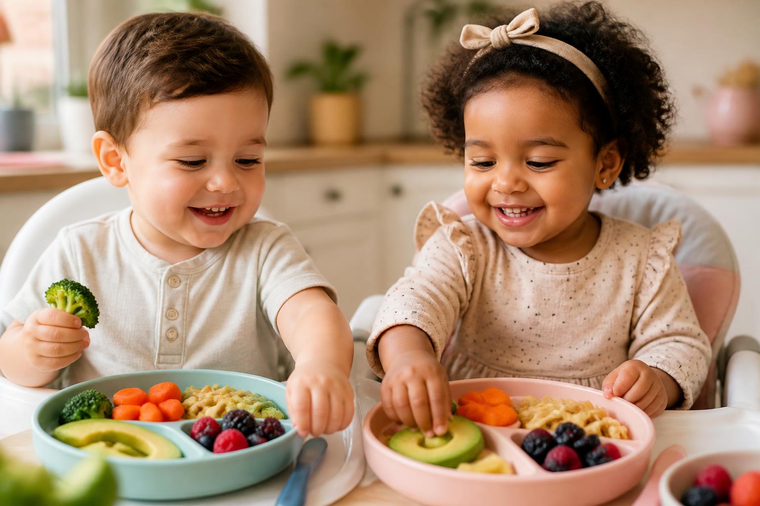 A happy toddler in a high chair surrounded by healthy foods